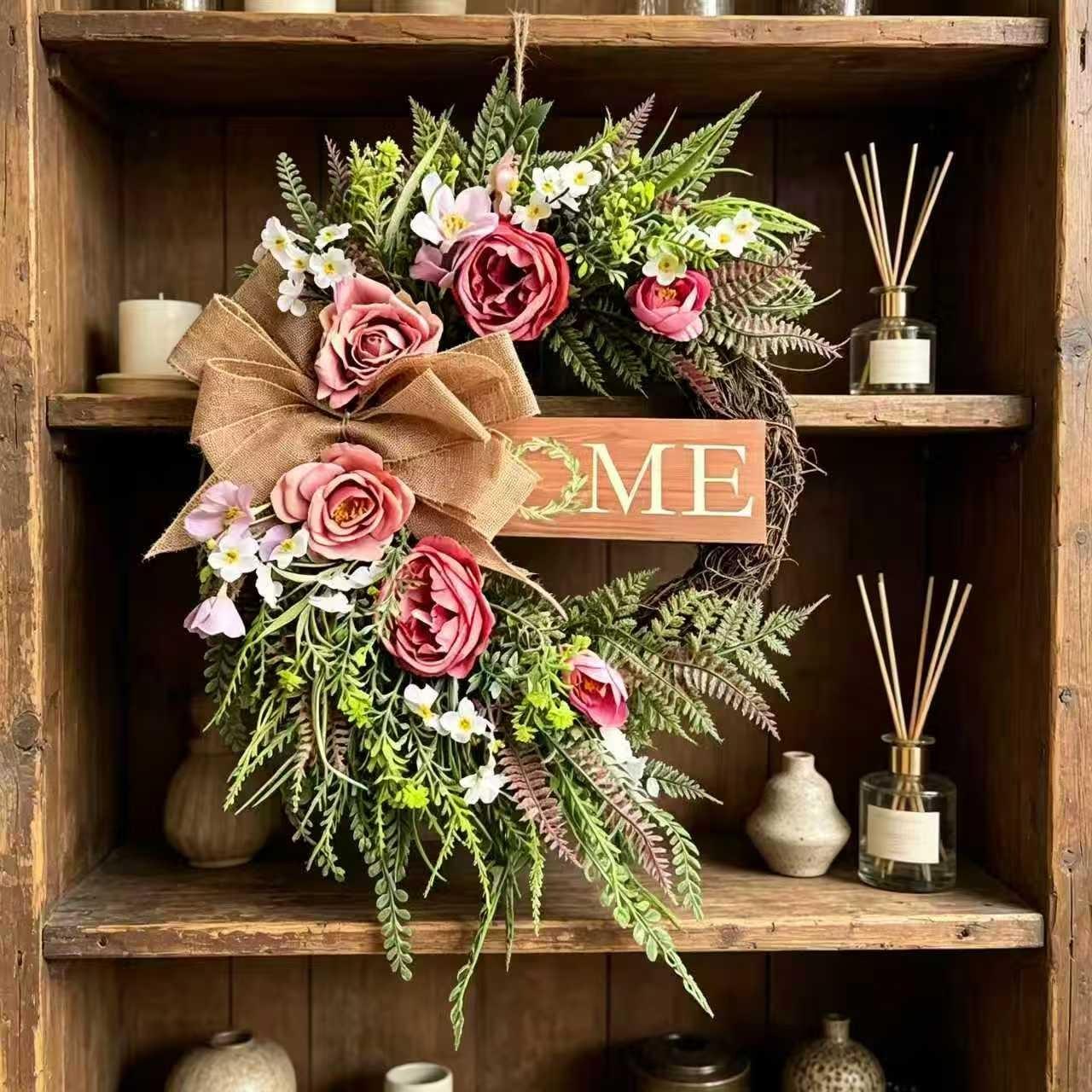 Neutral Color Farmhouse Style Wreath with Peony Flowers, Home Signboard, Hemp Cloth Bow, All-Season Decor for Porch, Living Room, Entryway