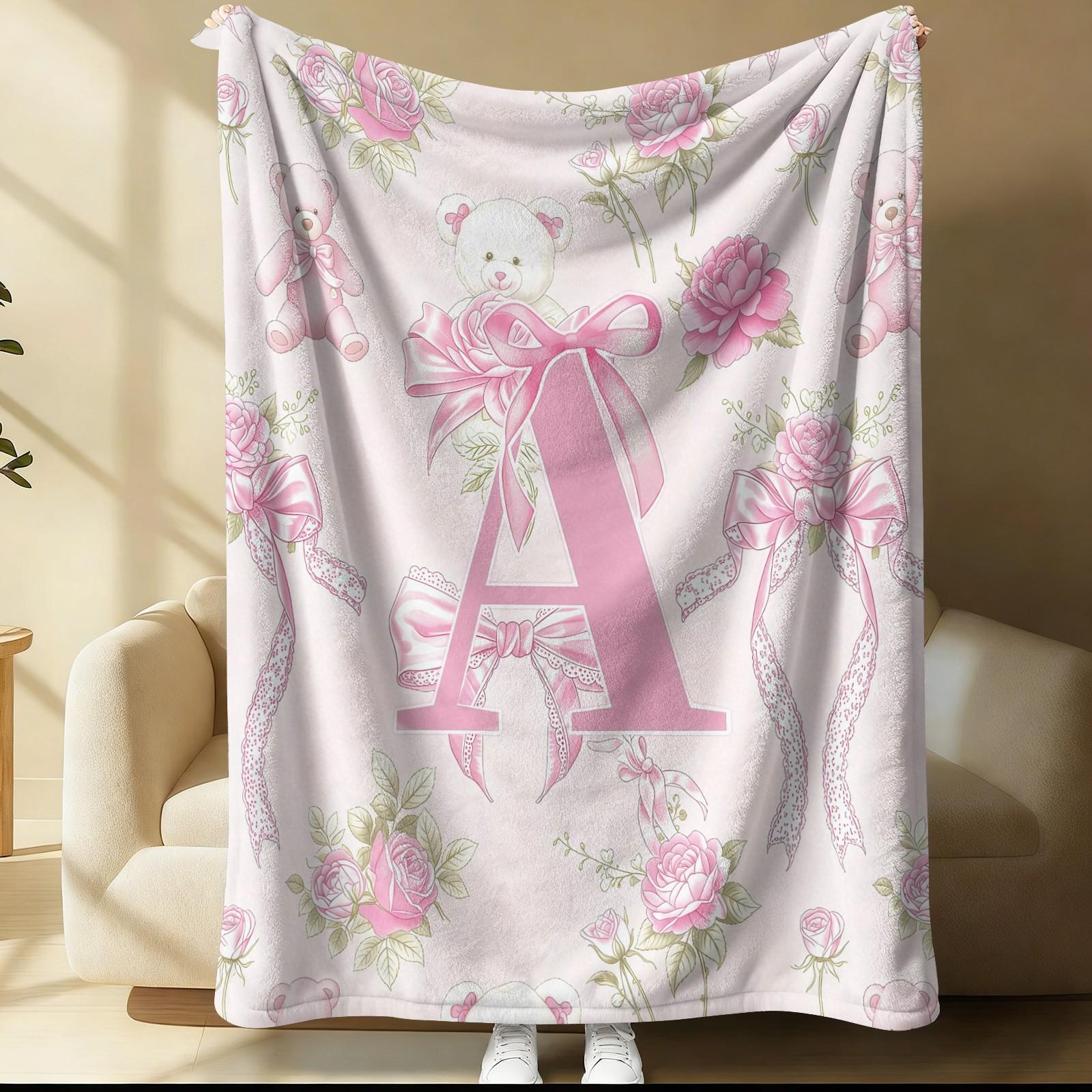 Pink Coquette Initial Letter Throw Blanket, Soft Fuzzy Plush, Teddy Bear & Rose Floral, Girly Bow Print, Lightweight for Couch Bed Office, All Seasons, Aesthetic Room Decor, Perfect Gift