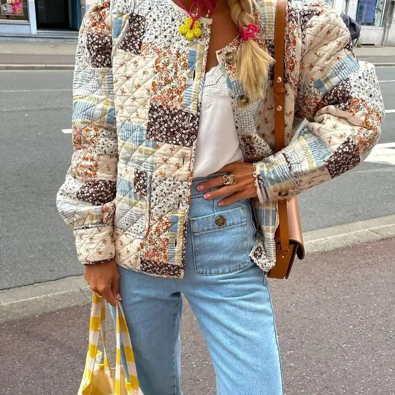 Women Fall Quilted Jacket, Lightweight Floral Print Casual Long Sleeve Button Cardigan, Ladies Outwear Streetwear for Indoor Outdoor Daily Wear