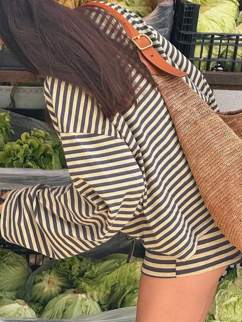 Vintage Striped Casual Women's Set, Loose Round Neck Long Sleeve Top with Drawstring Shorts, Comfortable Home Wear, Spring & Fall