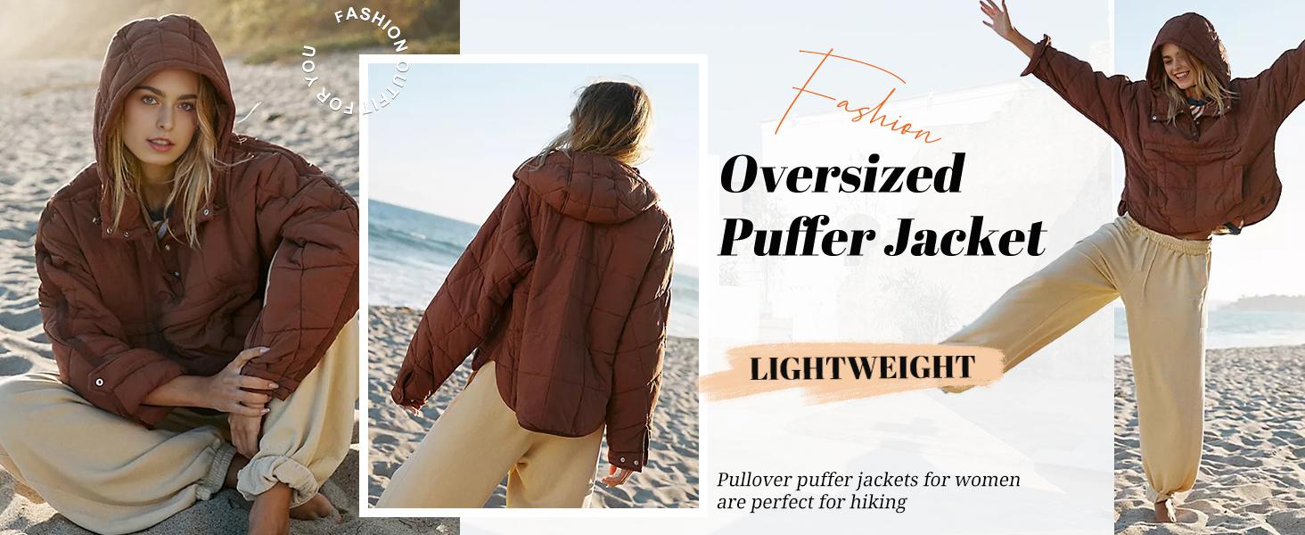 Design detail of Women's Oversized Hooded Long-Sleeve Puffer Jacket with long sleeves