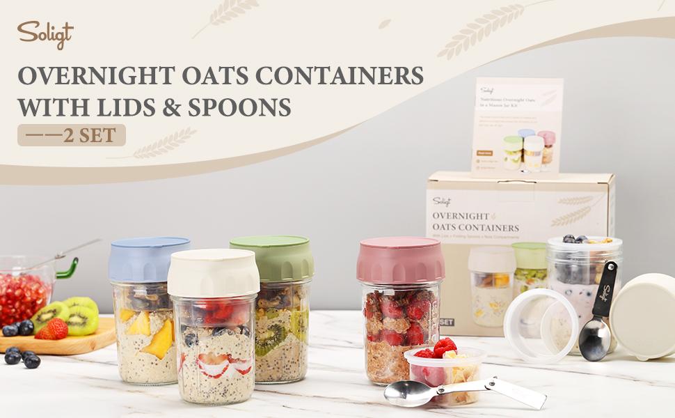 Soligt 16oz Overnight Oats Containers with Lids Folding Spoons & Divided Compartments for Fruit Nuts Small Glass Mason Jars for Oatmeal Yogurt Parfait Portable Kitchen Utensils Food Storage Organizer Airtight Leakproof Reusable