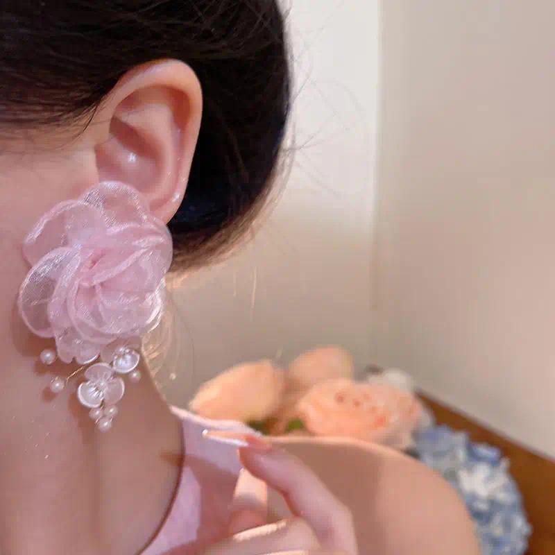 Sweet Pink Lace Flowers Drop Earrings for Women  Romantic Elegant Earrings Pendant Fashion Weddings Jewelry Accessories