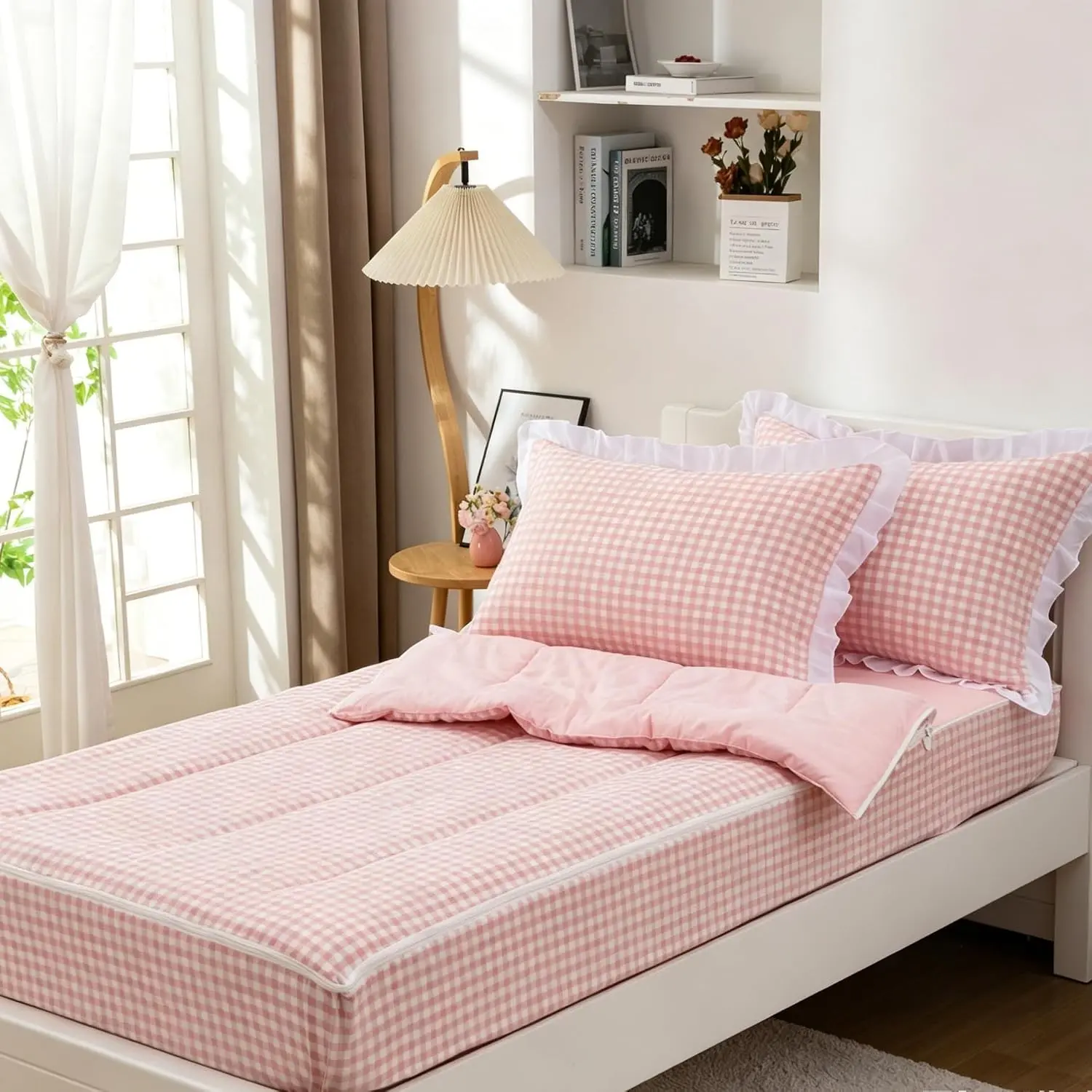 Zipper Bedding Twin Zip Up Bedding Set Pink Checked Plaid 3 Pcs Zippered Comforter Bed in a Bag with Fitted Sheet and 2 Pillowcases