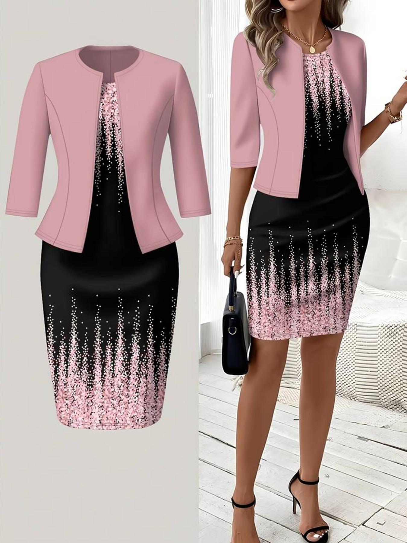 (short skirt) (small size) (general fabric) (printing design) Spring, summer and autumn knitted cardigan blouse with slim waist and printing design; classic straight dress, two-piece suit, suitable for women; elegant wedding guest dress