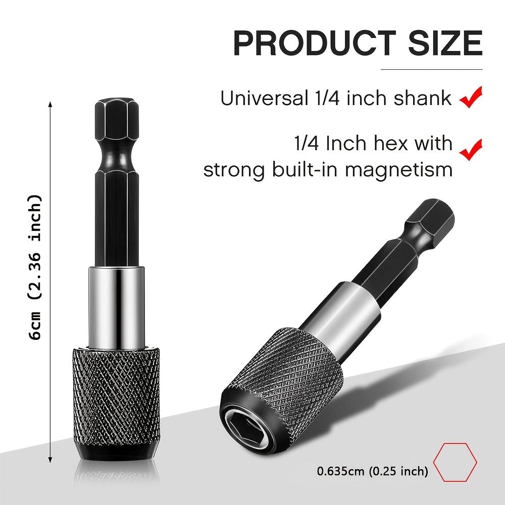 Set of 5 Magnetic Bit Holders with 1/4" Hex Shank, designed for quick release. These enhanced features include a drill bit extension rod and a chuck adapter suitable for screws and nuts.