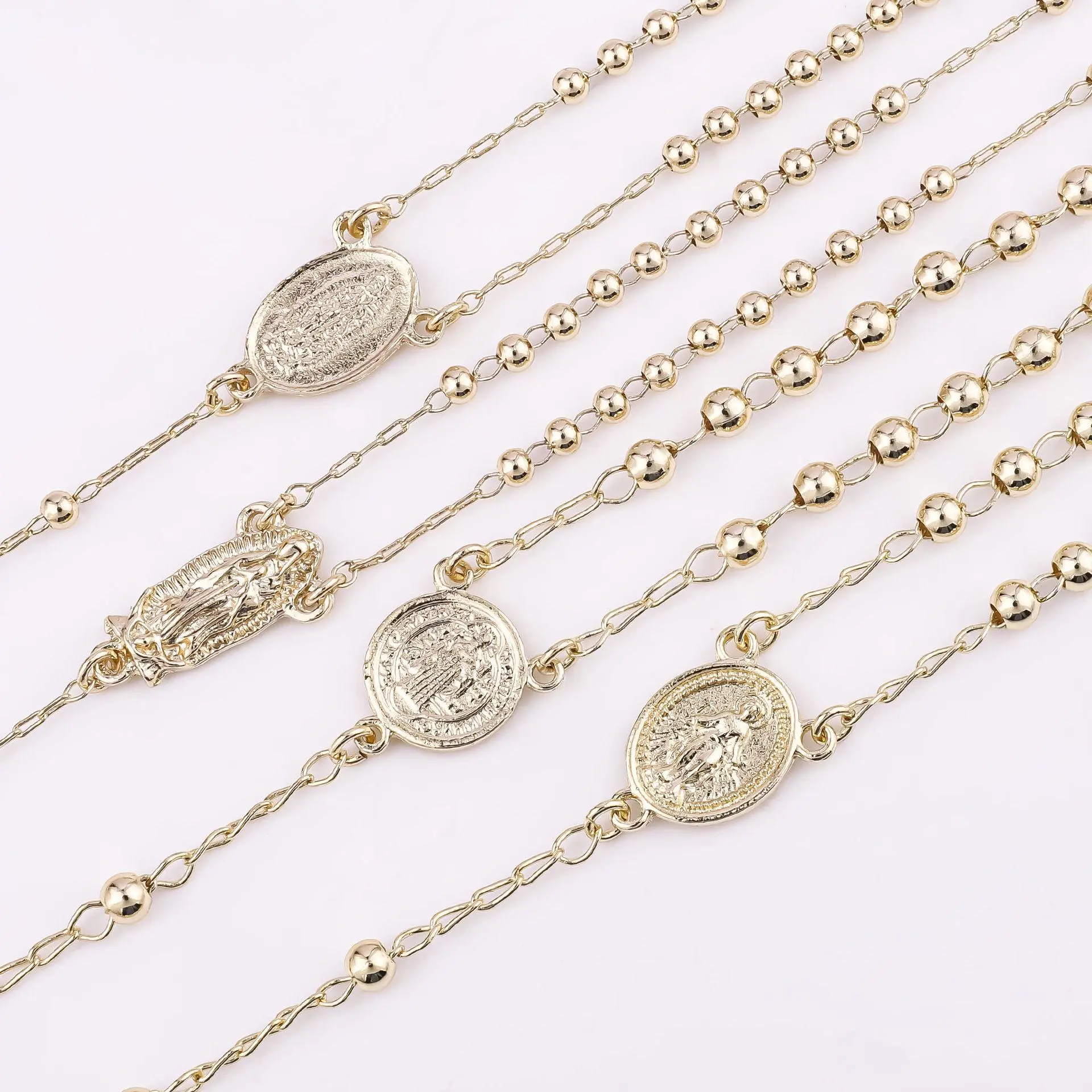 1Pcs Gold Tone Bead Catholic Rosary Bracelet Set - Virgin Mary Saint Benedict & Saint Jude Medal Wristband Religious Faith Protection Jewelry Gift Suitable For Women