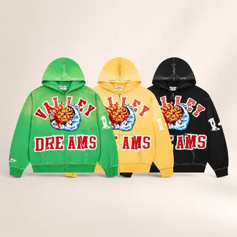 VALE Forever Certified Premium Heavyweight Faded Wash Zip-Up Hoodie 3D Chenille Patch Embroidery Distressed Edge Contrast Stitching Flaming Sun Graphic Casual Streetwear Mens Standard Fit S-2XL