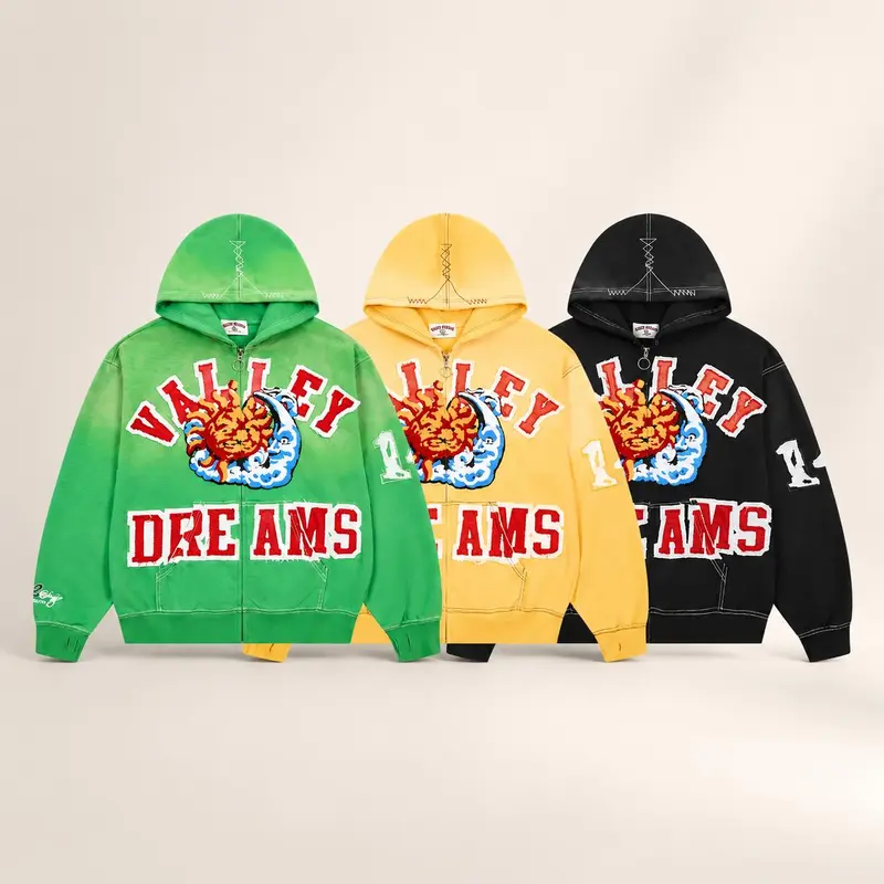 VALE Forever Certified Premium Heavyweight Faded Wash Zip-Up Hoodie 3D Chenille Patch Embroidery Distressed Edge Contrast Stitching Flaming Sun Graphic Casual Streetwear Mens Standard Fit S-2XL