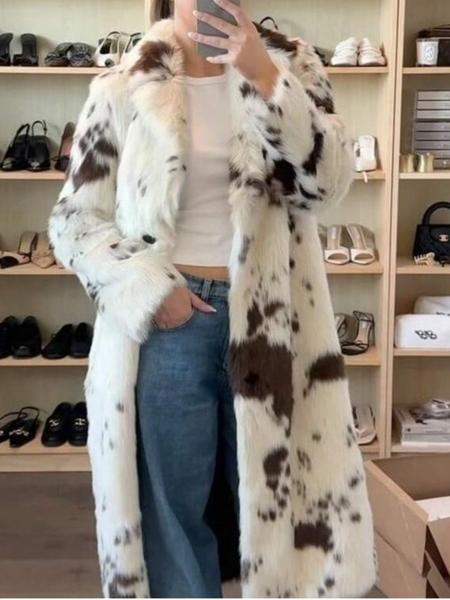Women's Y2K Faux Fur Coat, Long Loose Winter Jacket, Spotted Animal Print Plush Outerwear, Street Style Luxury Warm Overcoat