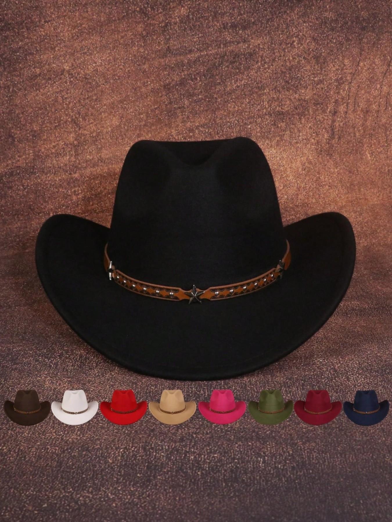 Western Cowboy Hat with Retro Star Belt, Perfect Gift for Women, Sun Protection, Polyester, Ideal for Outdoor, Casual, Stage, Birthday, Party