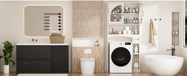 AHB Over The Toilet Storage Cabinet, Bathroom Space Saver Above Washer with Anti-Tip Device, Over Toilet Bathroom Organizers with Adjustable Shelf and Glass Doors AHB Over The Toilet Storage Cabinet, Bathroom Space Saver Above Washer with Anti-Tip Device, Over Toilet Bathroom Organizers with Adjustable Shelf and Glass Doors