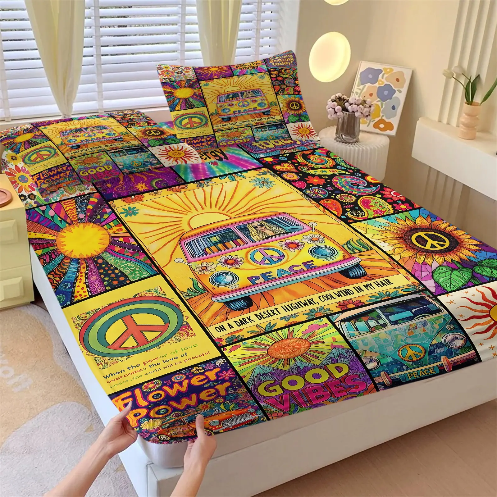 3PCS Hippie Peace Bus Sunflower Fitted Sheet Set, 1 Fitted Sheet + 2 Pillowcases No Filling, Colorful Boho Patchwork Good Vibes Retro Print Bed Sheet, Soft Breathable Deep Pocket Mattress Cover, Hippie Style Bedroom Decor