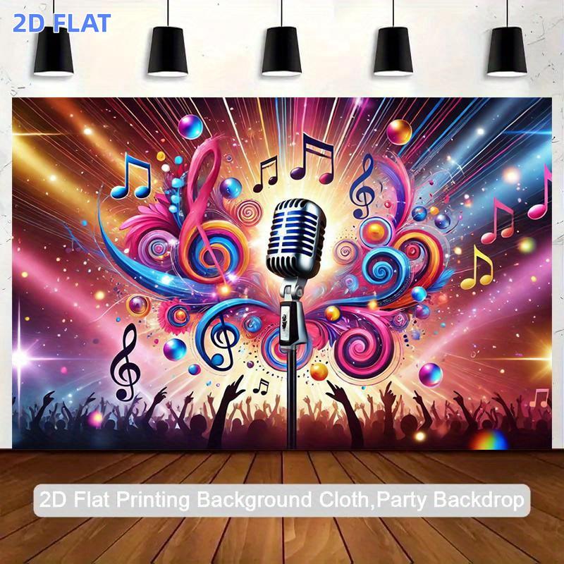 1pc 2D Flat Banner, Music-Themed Party Backdrop with Neon Glow Music Notes & Microphone DesignVibrant Polyester Fabric Banner for Indoor/Outdoor Birthday, Anniversary, Photo Studio DecorationsNo Electricity Needed, E