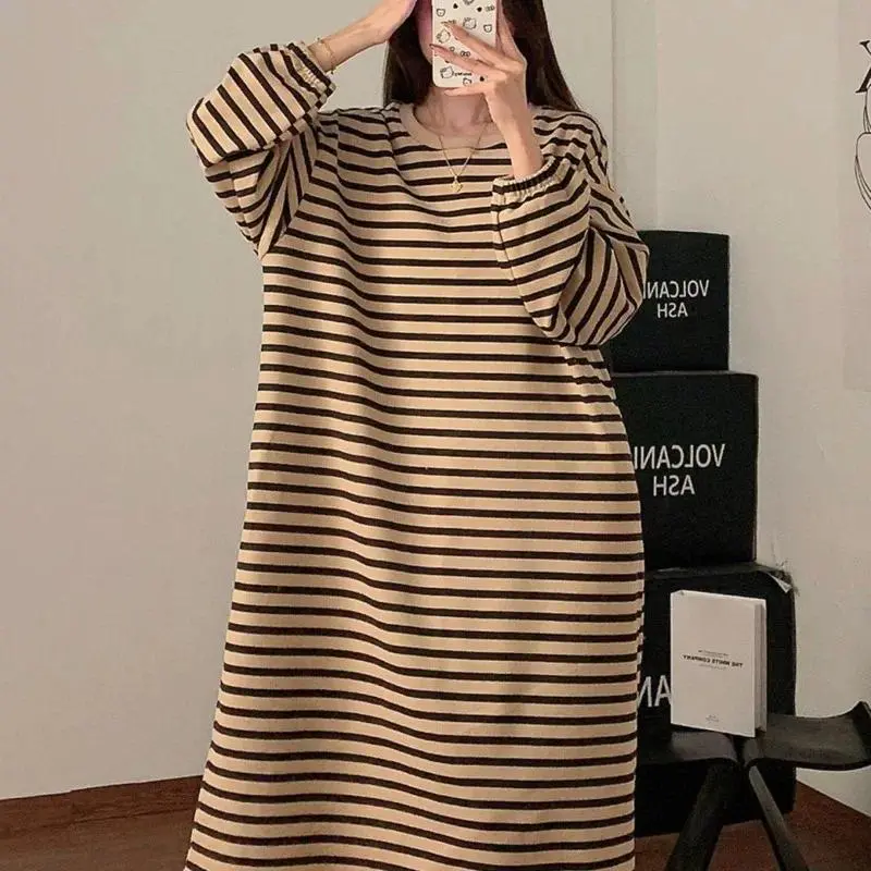 Striped Women Nightgown Korean Fleece Sleepwear Long Sleeve Night Dress Autumn Winter One Piece Pajamas Home Sleeping Wears New