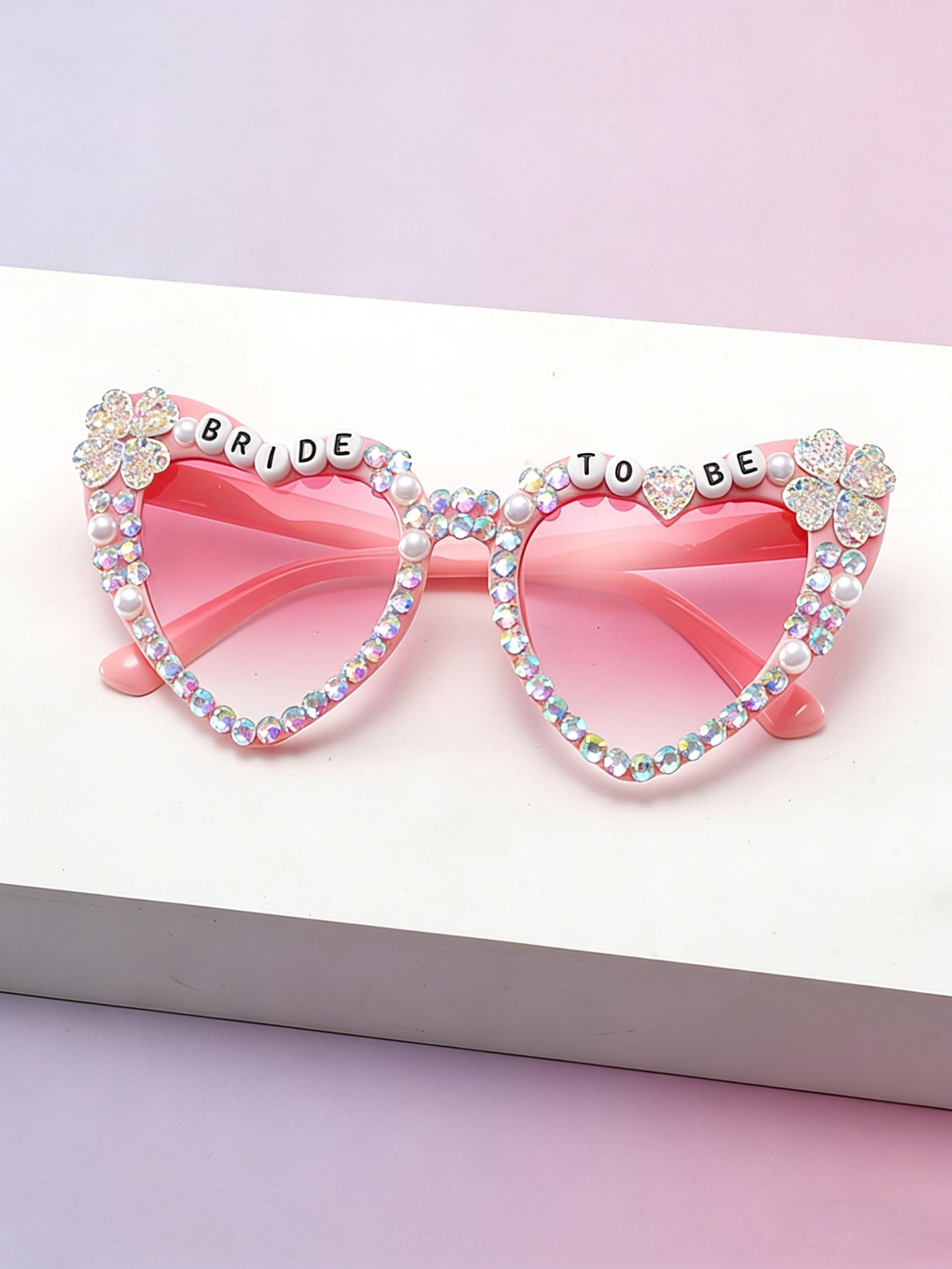 Bride-To-Be Full-Diamond Heart Sunglasses, Pearl Clover Decoration, Pre-Wedding Singles Party Photo Sun Glasses, Elegant Bridal Accessory