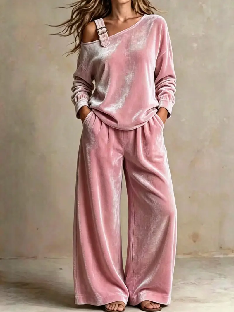 Women's velvet one-shoulder top and pants two-piece set - image 6
