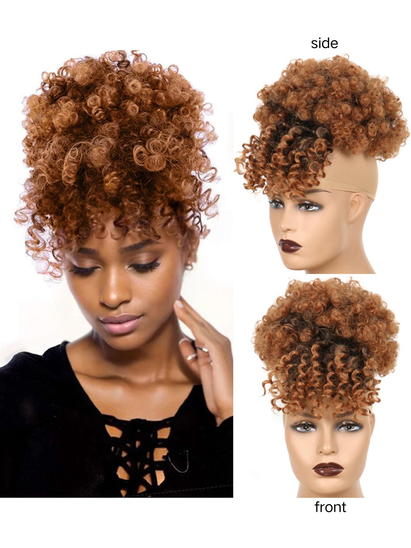 Women Drawstring Hair Bag, African Loose Curl Ponytail Extension, Bangs Flower Braid Style, High Crown Heat Resistant Fiber Wig Piece