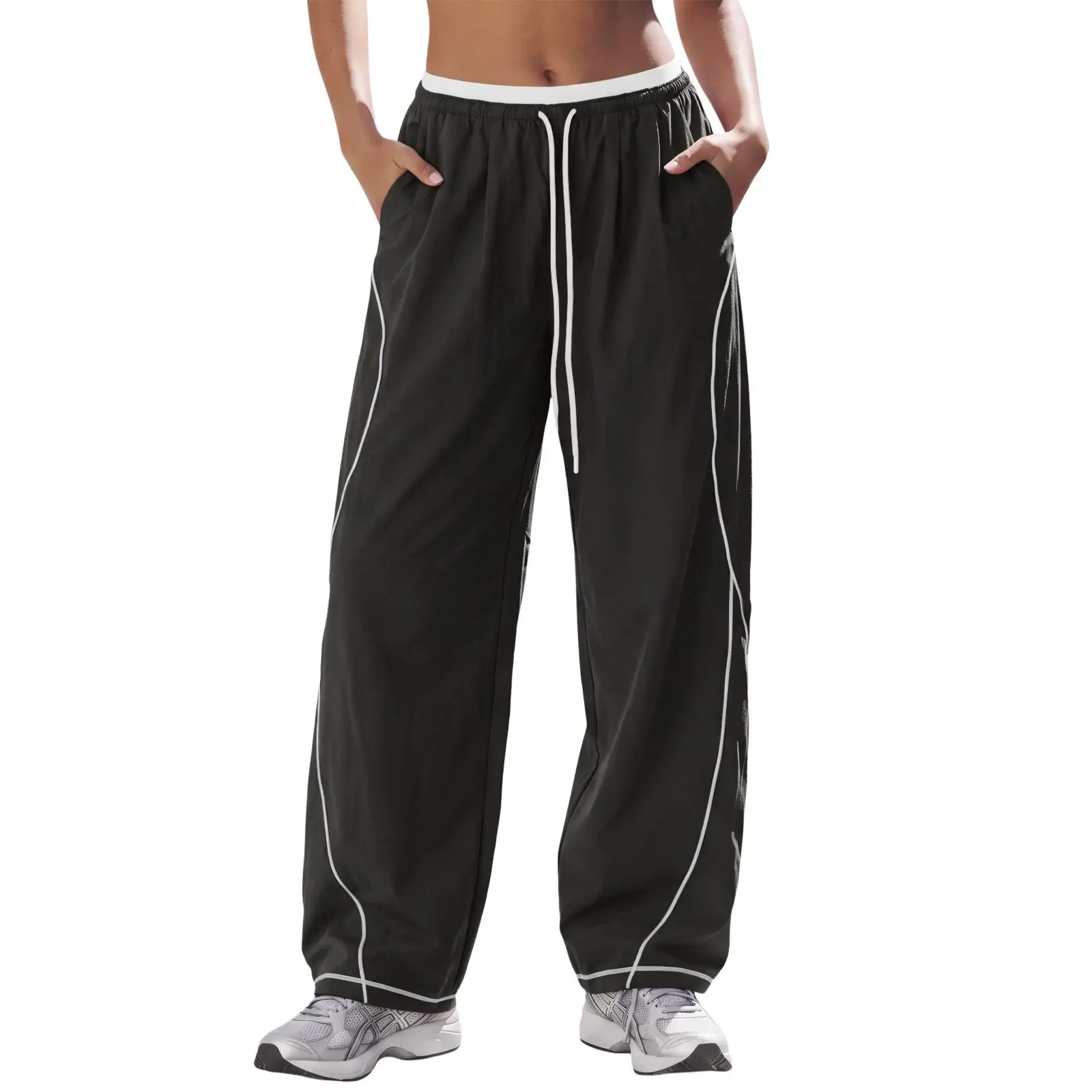 Aoysky Women's Baggy Wide‑Leg Parachute Track Pants, Color Block Elastic Drawstring Waist, Contrast Stitching Cinch Ankle Y2K Streetwear Trousers