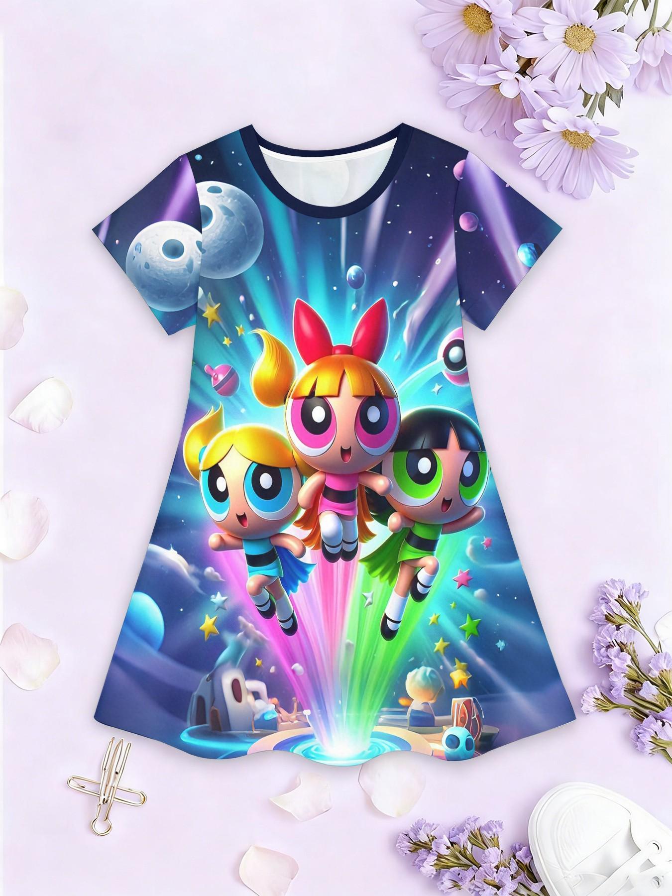 Girls' 3D Space Print A-Line Dress, Cute Cartoon Short Sleeve Skirt, Fashion Outdoor Wear, Birthday Gift, Holiday Gift