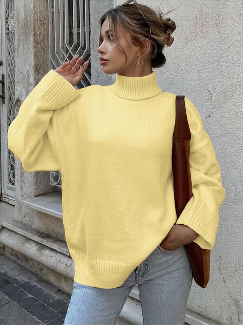 Solid Color Casual High Neck Long Sleeve Sweater, Thin Fabric Fitted Style for Fall & Winter, Comfortable Women's Knitwear, Knitted Clothes