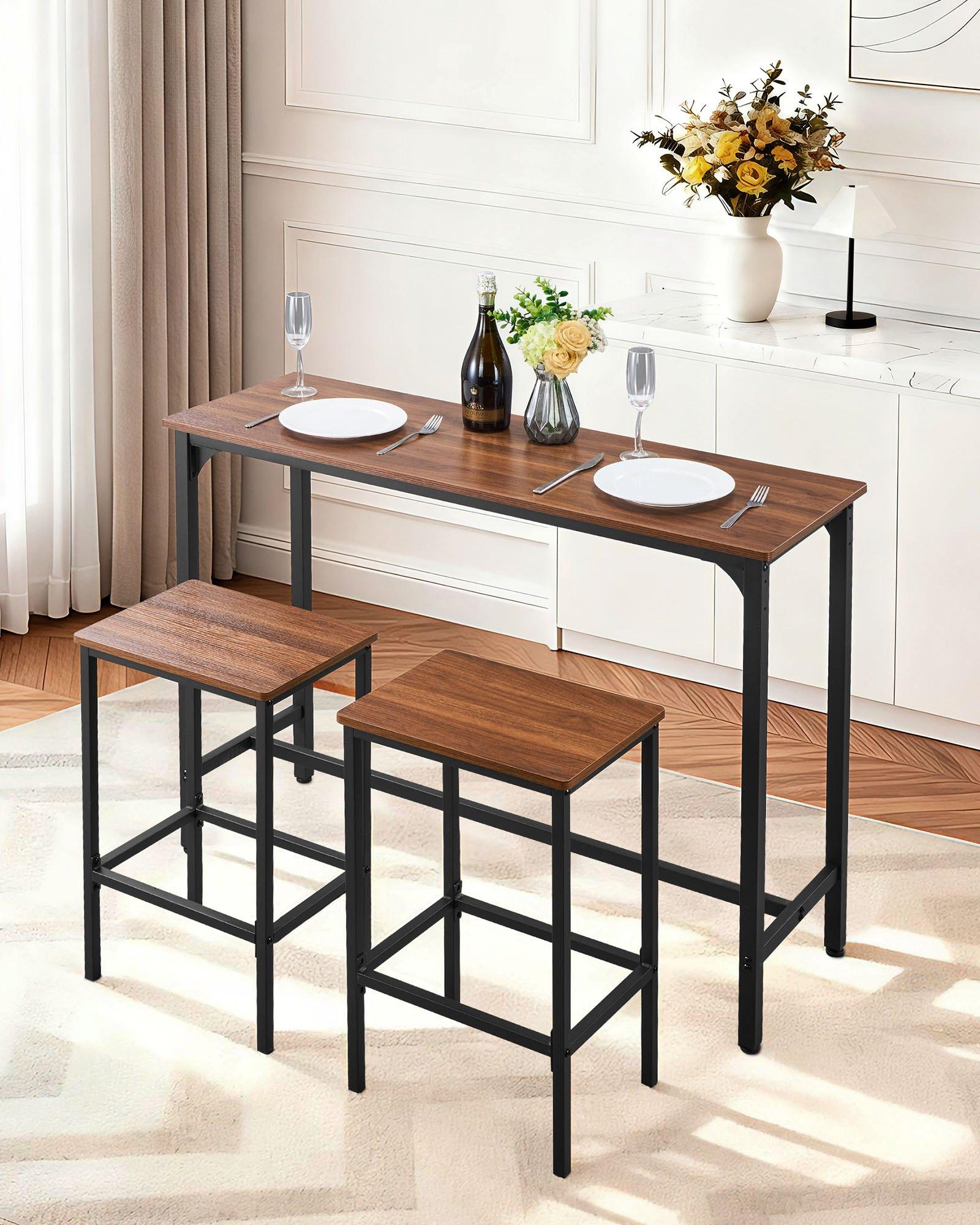 VEVOR Bar Table, 3PCS 47″ Bars Tables Set, Bar Tables and Chair Set with Rounded Edge Design, Rectangular Pub Table with Two Stools for Office Desk, Breakfast Corner, Mini Bars, Rustic Brown, Black