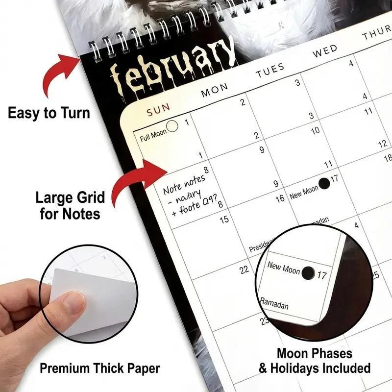 2026 Horror Cat Calendar, Funny Horror Movie Villains and Kitties Wall Planner, 12-Month Scary Cute Home Decor, Fun Gift for Film Lovers