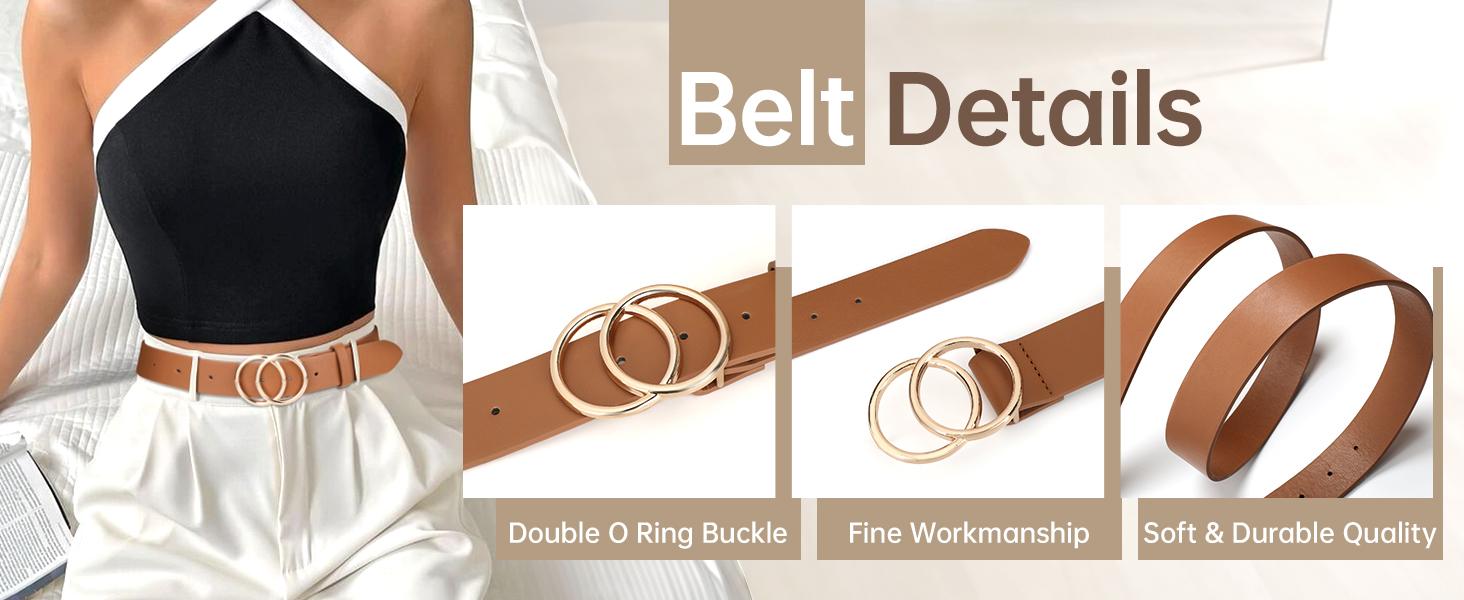 JASGOOD Women Leather Belt Fashion Soft  Faux Leather Waist Belts For Jeans Dress with Double O-Ring Buckle Halloween