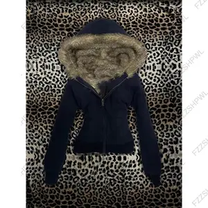 Fashionable winter women's set Y2K striped pattern fur patchwork hooded sweatshirt Gothic hip-hop long pants Punk zipper coat