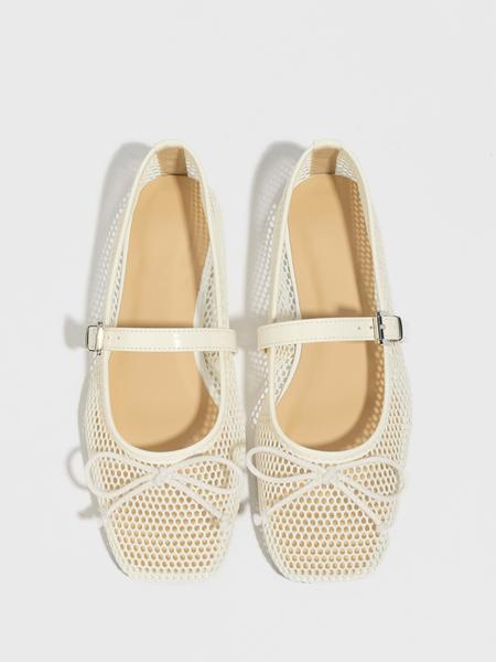 Ballerina Hollow Out Mesh Flat Shoes Summer Bowknot Square Toe Breathable Casual Sandals Fashion Comfort Soft Sole, Bowknot Design Flats