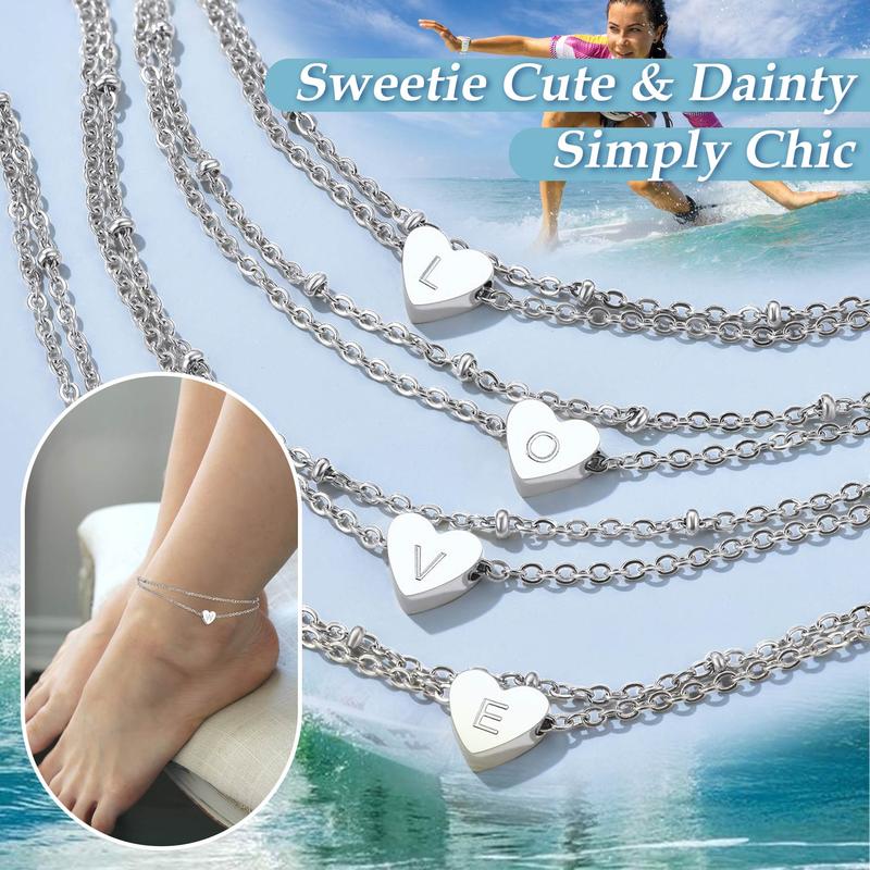 PROSTEEL Initial Heart Charm Anklet 26 Letters Double Layers Stainless Steel Chain Unique Design Anklet 8-10.5 Inch Adjustable For Women Gift Box