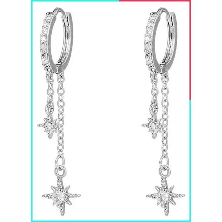 Dainty Double Star CZ Chain Dangle Drop Hoop Earrings for Women Silver Plated Cubic Zirconia Statement Huggie Hoops Hypoallergenic Fashion Jewelry