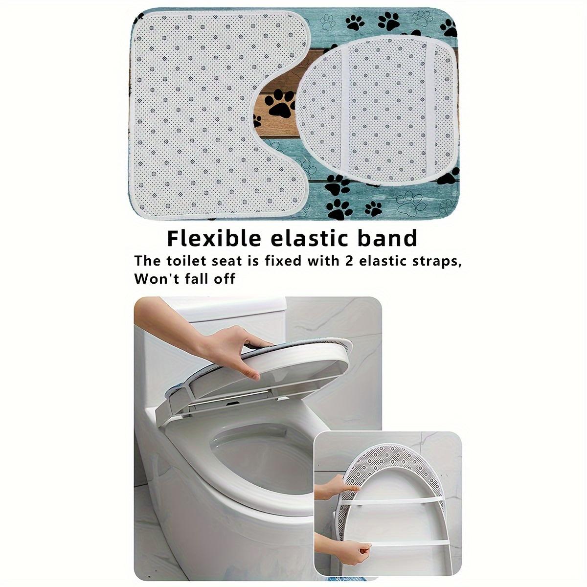 A Set of Three Cartoon Wooden Board Patterned Dog Paw Print Bathroom Toilet Additions, Including a Rectangular Mat, a U-Shaped Foot Pad, And an Oval Toilet Lid Cover. This Combination Set Features Soft And Comfortable Flannel Fabric with Super Absor
