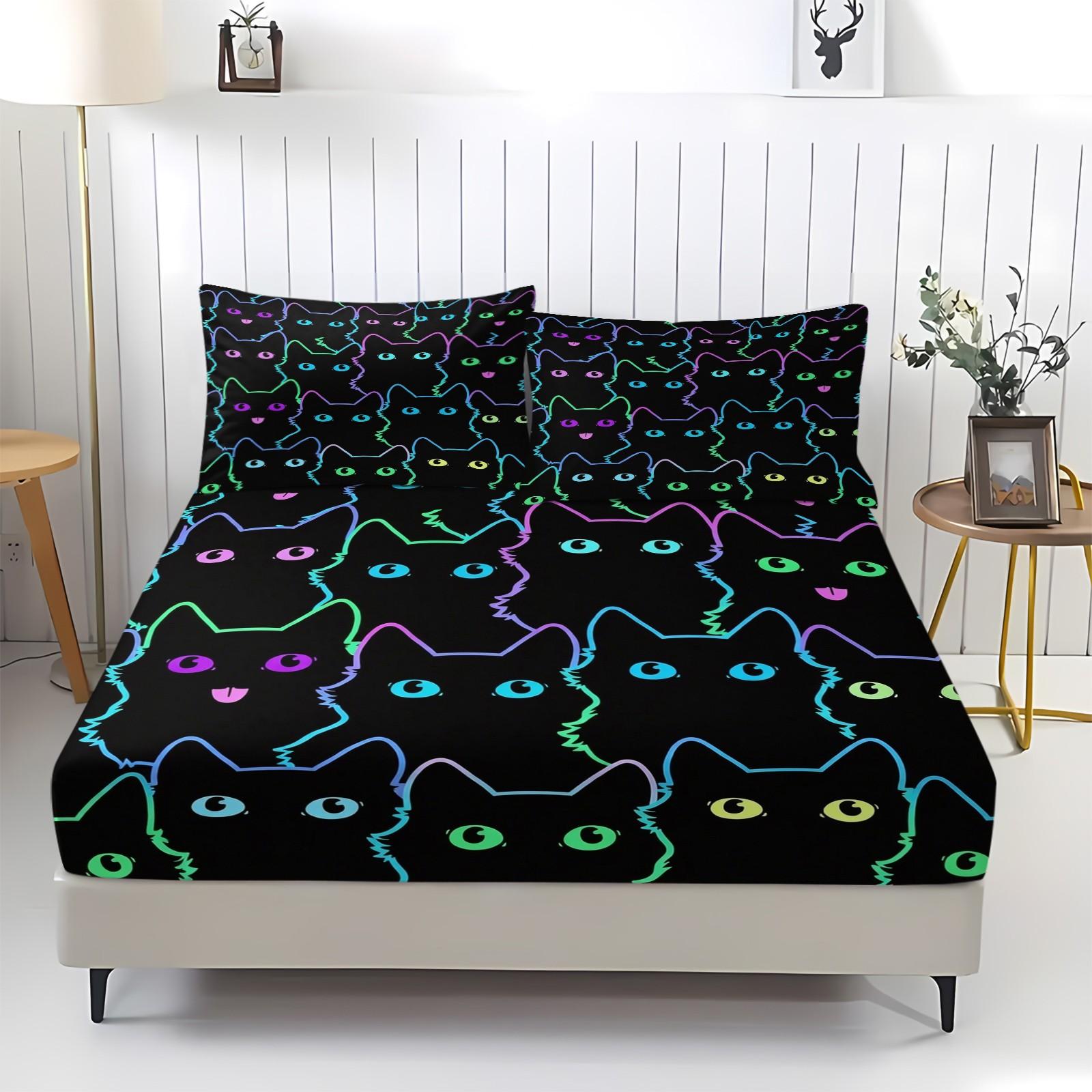 Neon Cat Fitted Sheet Set, 3 Pieces (1 Fitted Sheet + 2 Pillowcases), Deep Pocket, Cute Colorful Cat Print, Black Bedding for Girls Teens, Soft Skin-Friendly, Aesthetic Room Decor, All Seasons