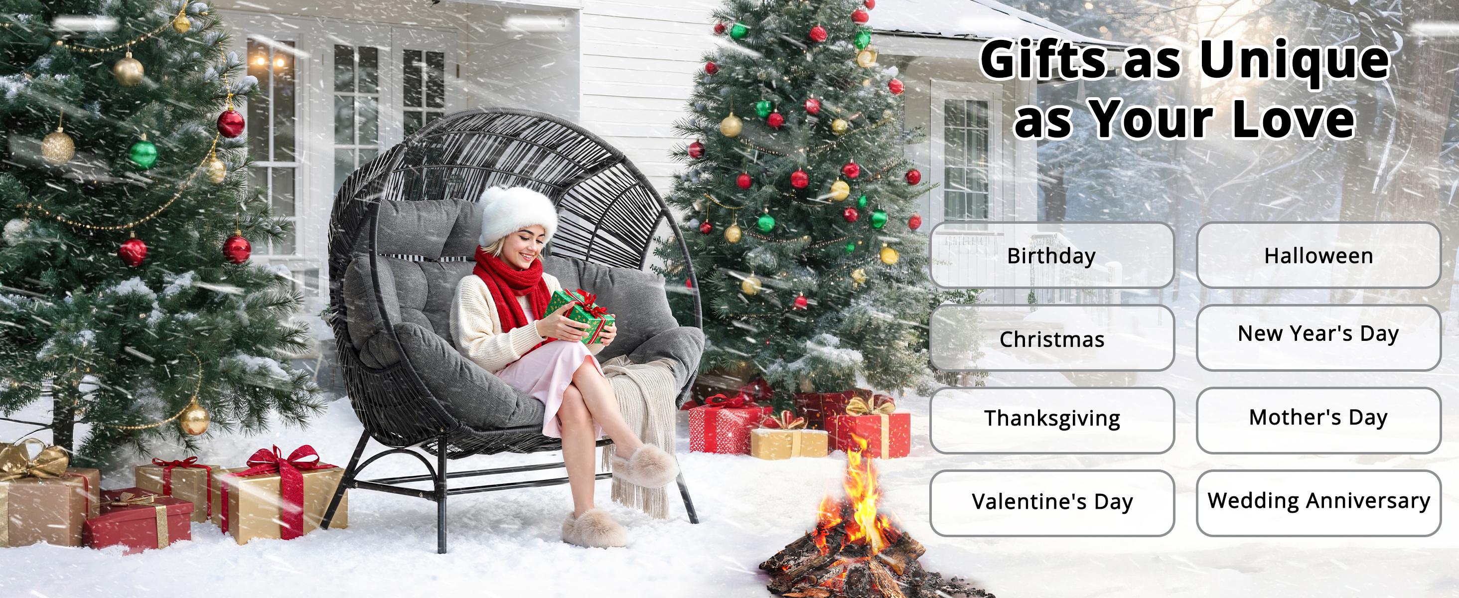 IRONCK Wicker Outdoor Egg Chair with Ottoman, Patio Lounge Chair with Footrest, Thickened Padded Cushion and Headrest, Egg Seat for Patio, Living Room, Garden, Balcony, Dark Gray