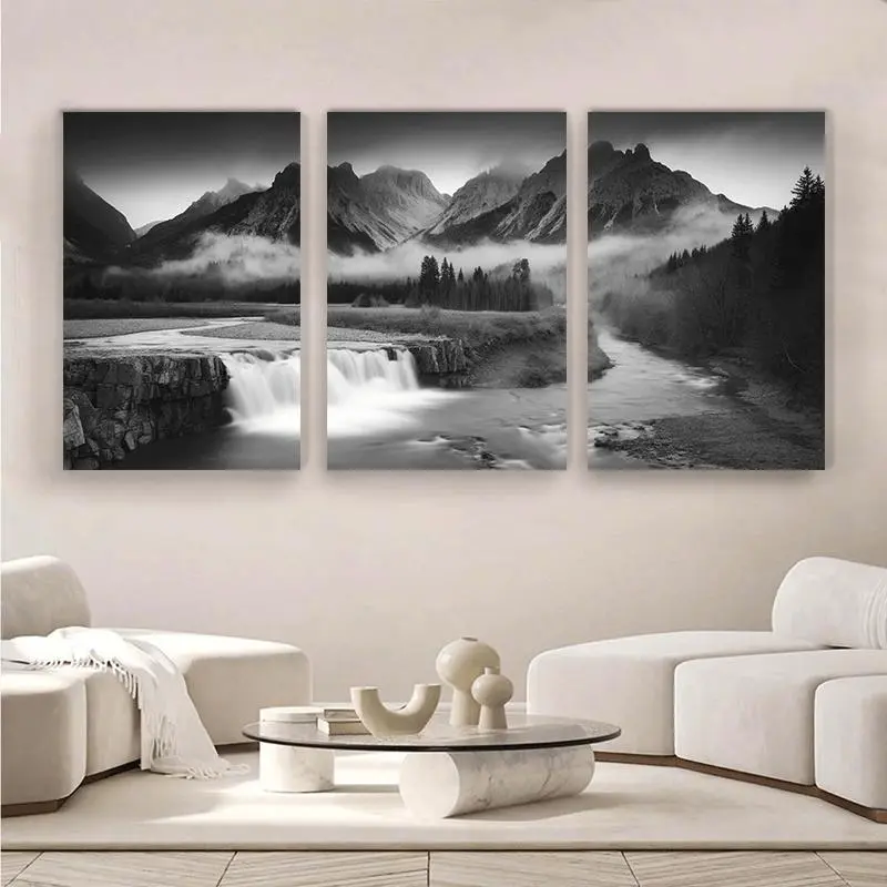 3Pcs Framed 2D Flat Canvas Wall Print, Serene Mountain Waterfall Scenery Wall Art, Luxury Indoor Decor For Him & Her, Suitable For Halloween, Christmas, Winter And Summer, For Bedroom, Living Room And Bathroom‑2D Flat Print