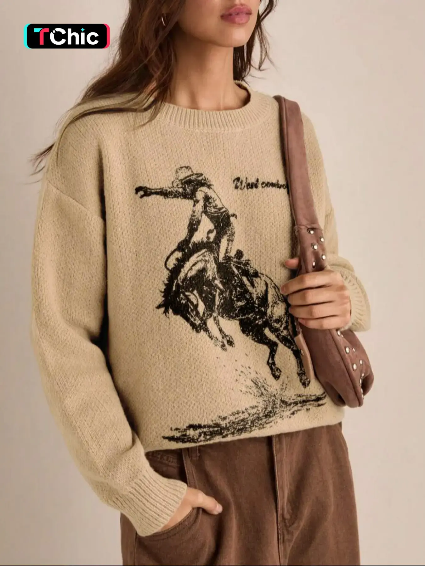 Autumn Winter Retro Western Style Denim Animal Print Women's Round Neck Pullover Sweater, Long Sleeve Loose-Fitting Casual Top
