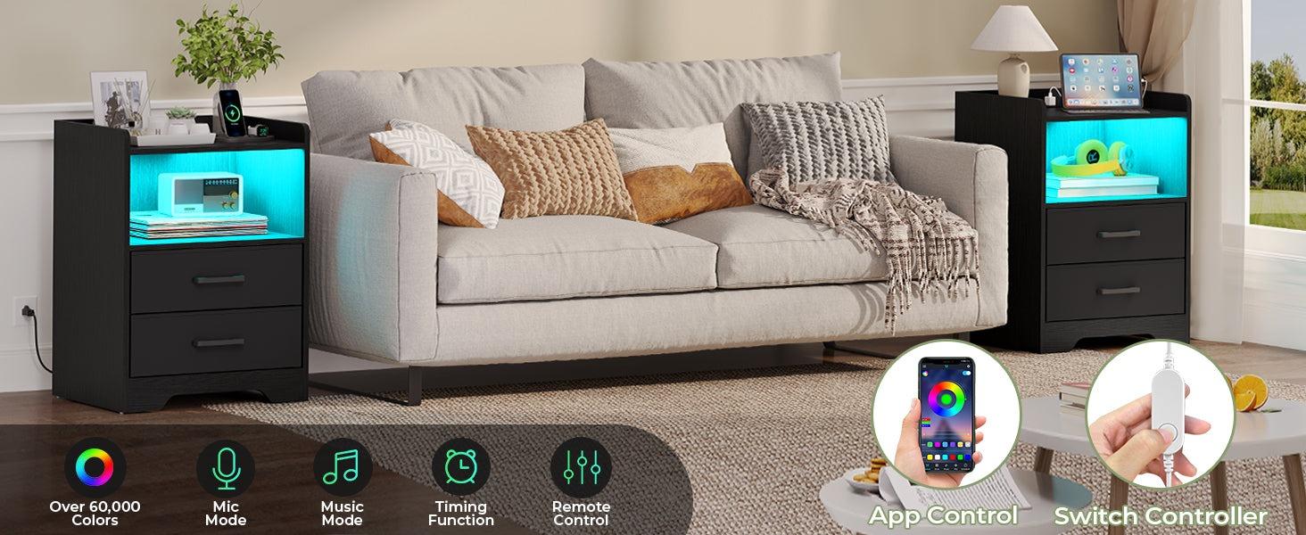 Sikaic Night Stand Set of 2 with LED Lights and Charging Station, Modern Bedside End Table with 2 Fabric Storage Drawers, Black Nightstands for Bedroom