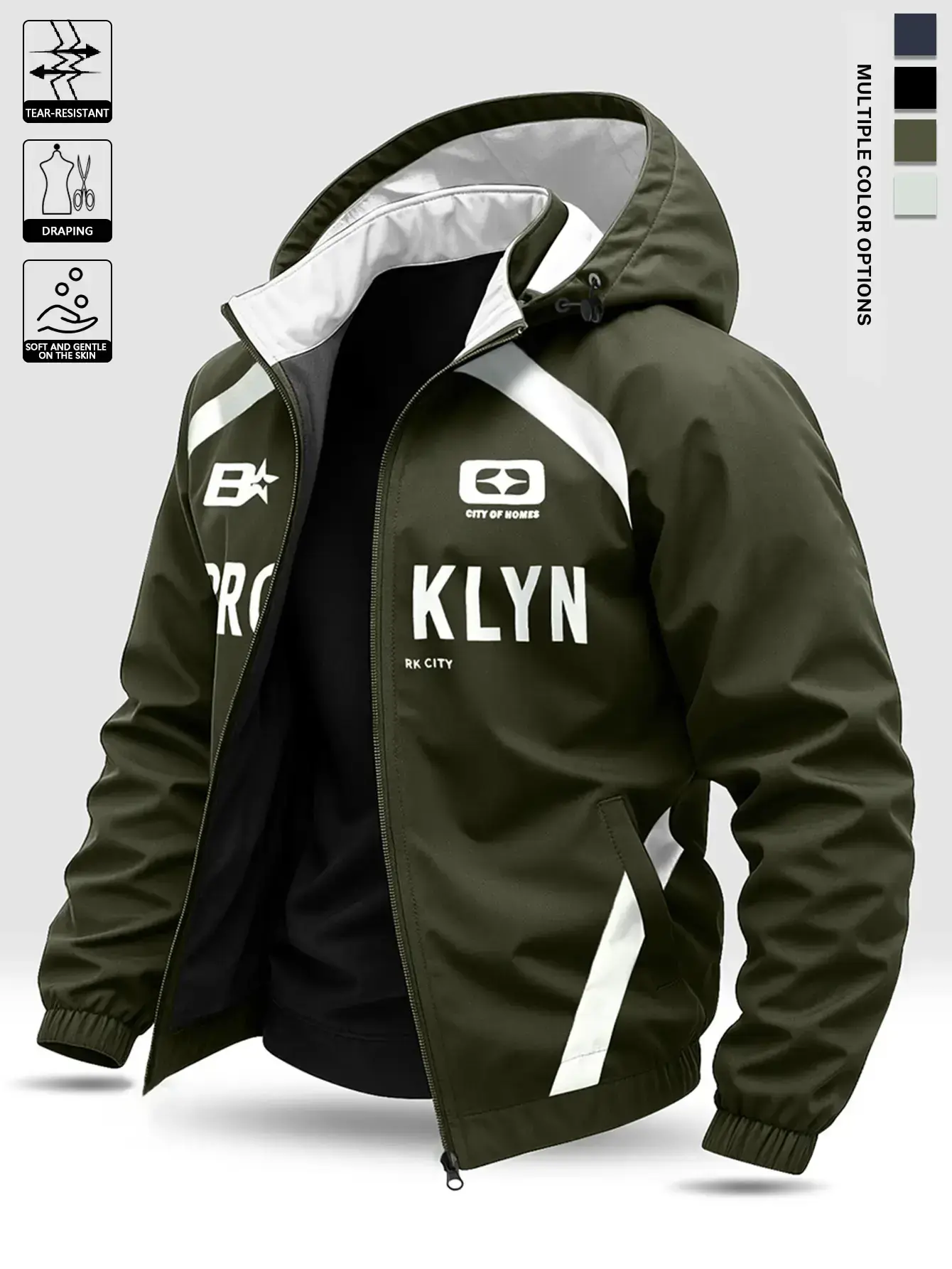 Men's casual hooded jacket with letter print, suitable for everyday outings, sports and fitness, outdoor fishing, mountain climbing, and can be worn throughout the year. Menswear Coats Tops Operator Long Sleeve durable surface Army Green