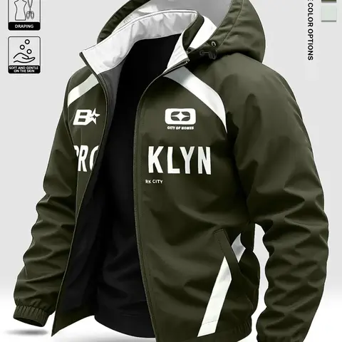Men's casual hooded jacket with letter print, suitable for everyday outings, sports and fitness, outdoor fishing, mountain climbing, and can be worn throughout the year. Menswear Coats Tops Operator Long Sleeve durable surface Army Green