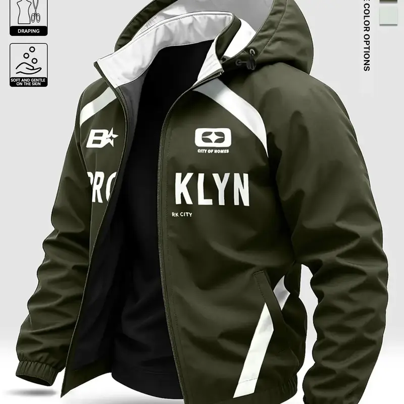 Men's casual hooded jacket with letter print, suitable for everyday outings, sports and fitness, outdoor fishing, mountain climbing, and can be worn throughout the year. Menswear Coats Tops Operator Long Sleeve durable surface Army Green