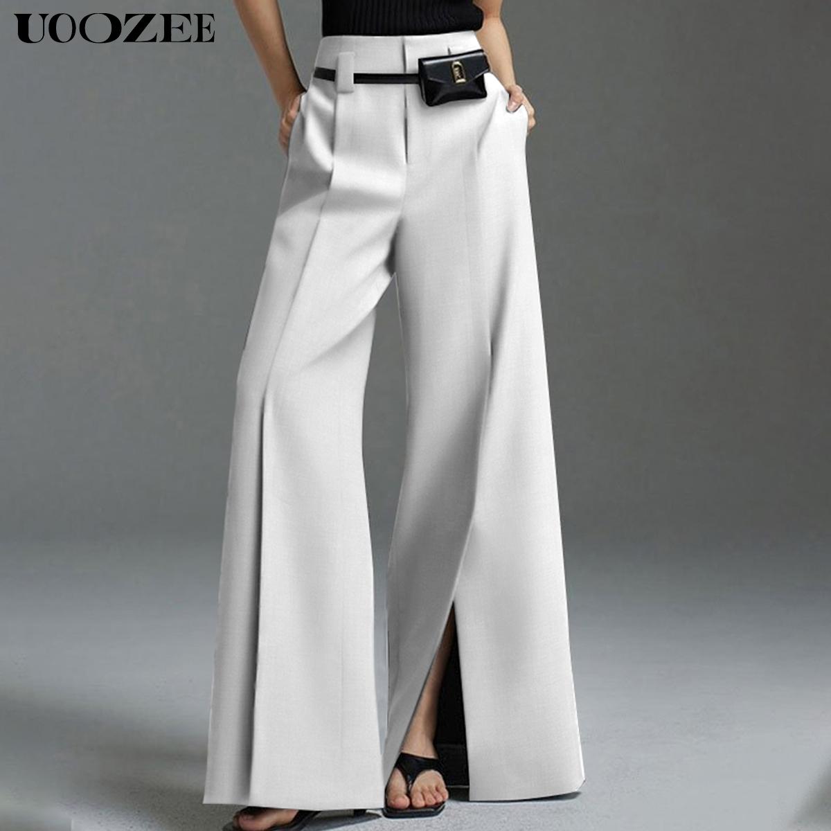 UOOZEE Women's Loose Wide Pants High-Waisted Pleated Split-Front Pants Trousers No belt Bottom Fitted Womenswear Basic pants women work outfits women interview outfits