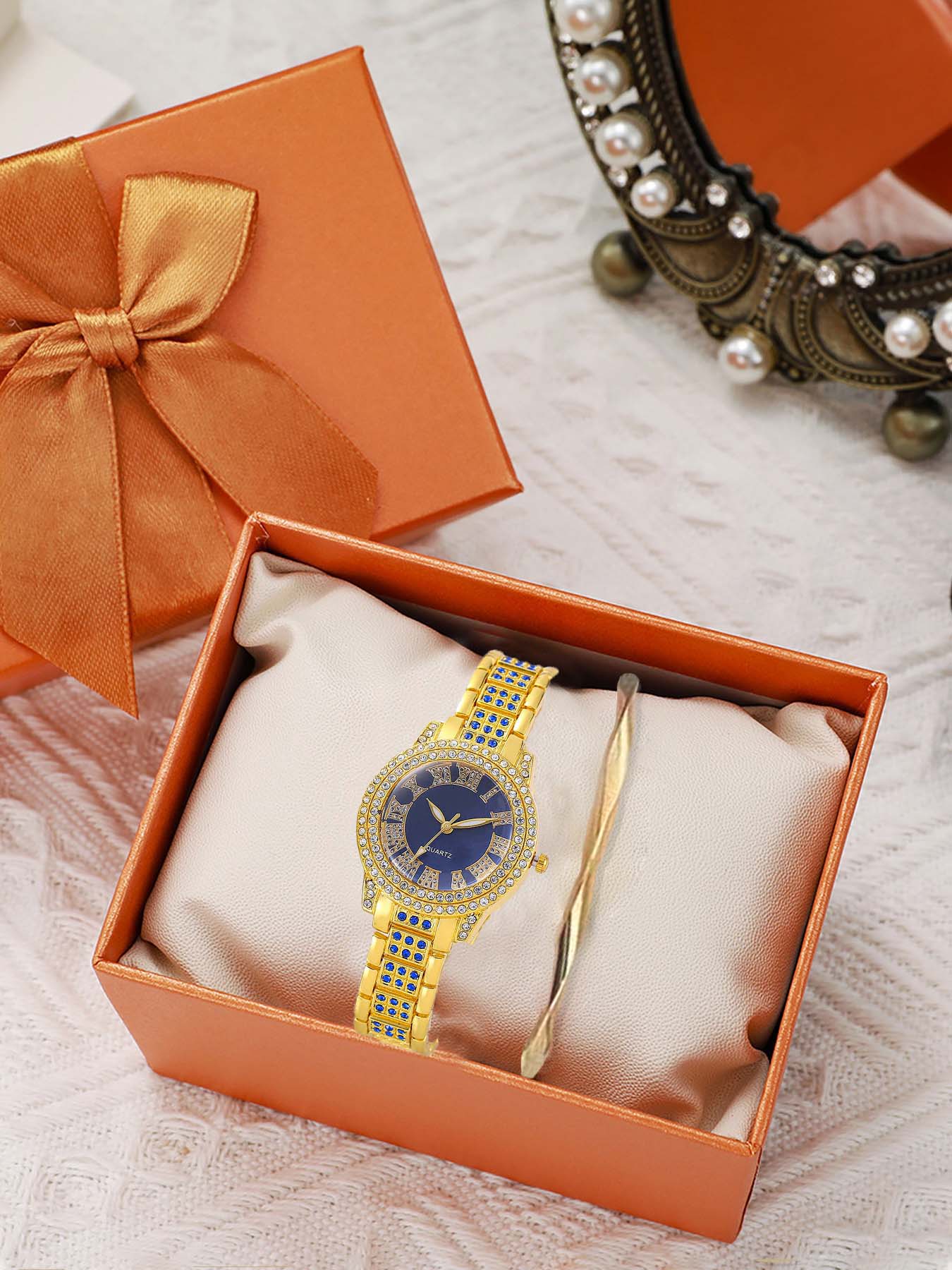 2-piece set of minimalist, fully diamond-encrusted, niche ladies' quartz watch fashion versatile bracelet watch trendy student wristwatch set