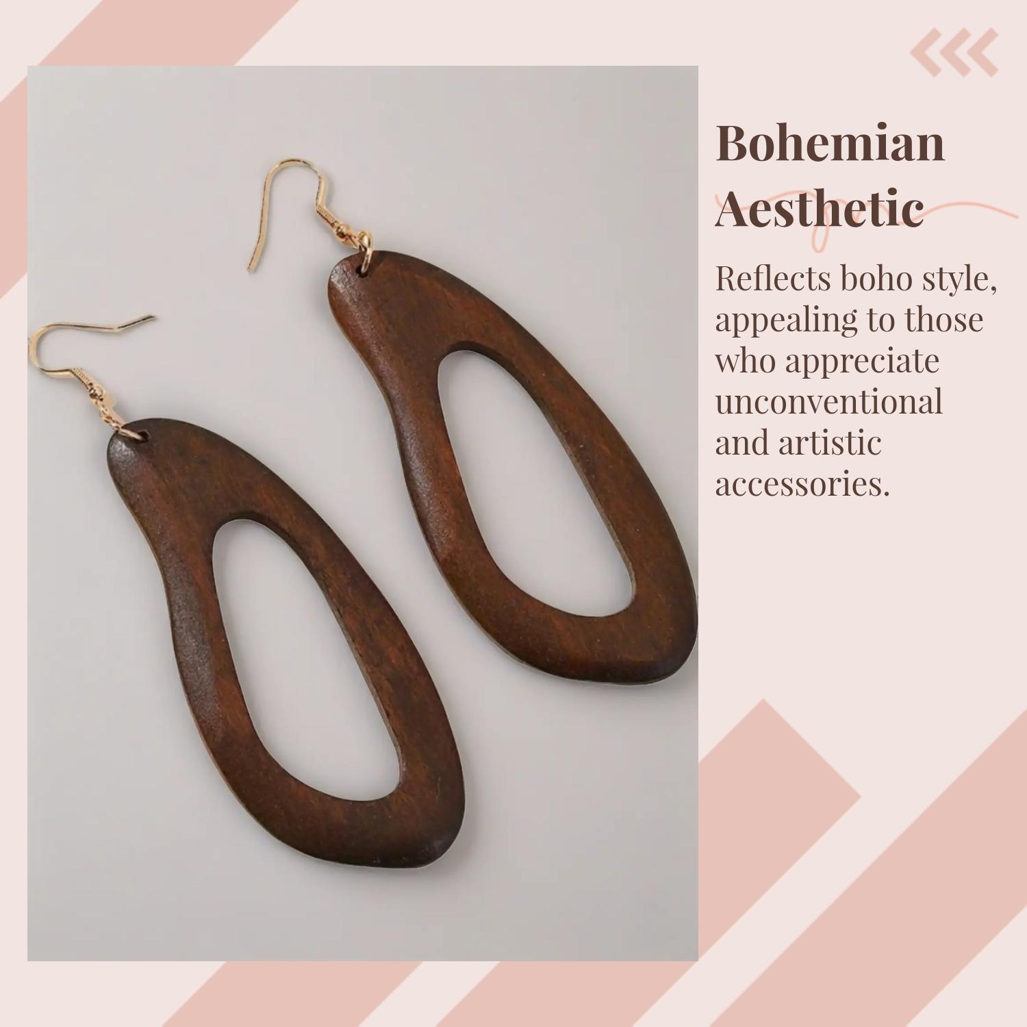 Wooden Dangle Earrings, Crafted From Wood Boho Style Hollow Out Geometric Design Earrings, Fashion Jewelry Accessories for Women & Girls, Unique Design Earrings