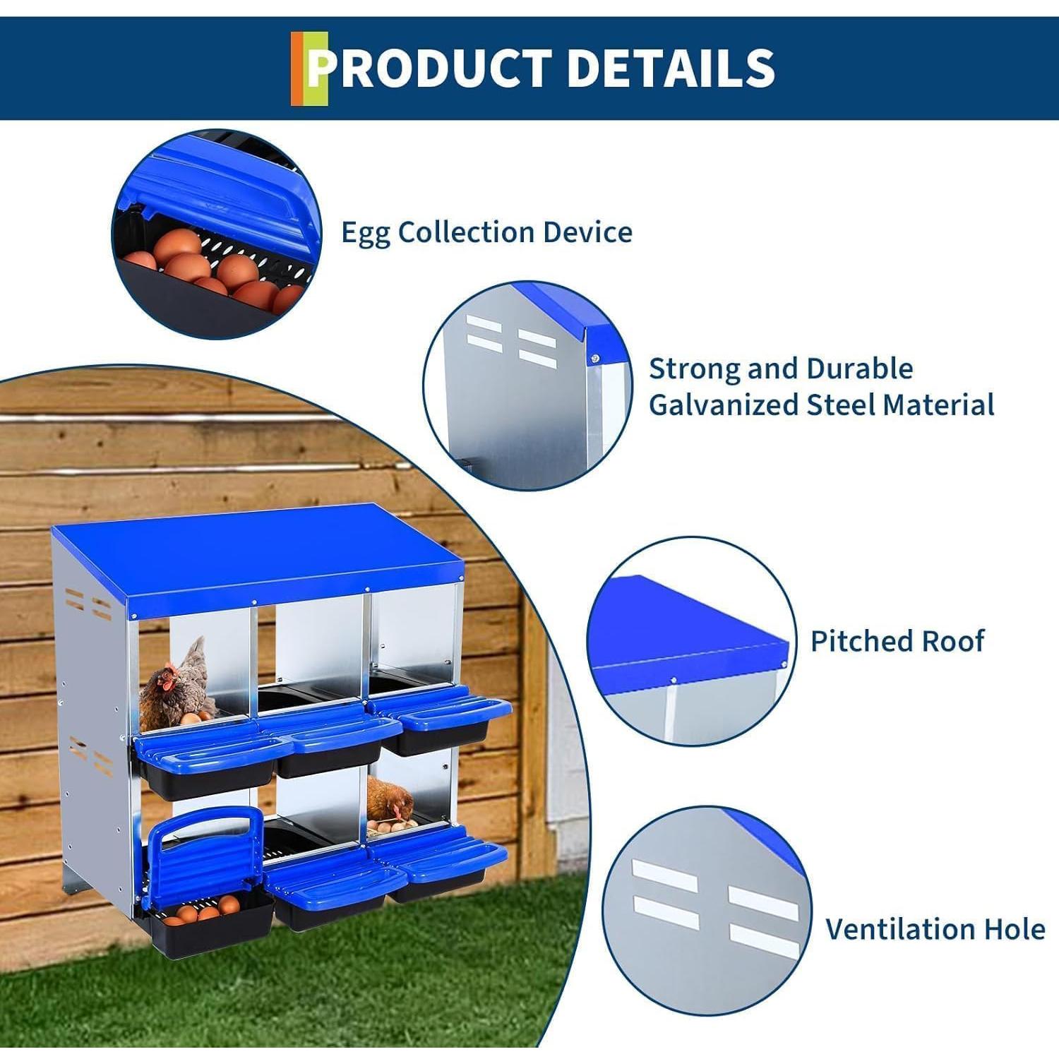 Chicken Nesting Boxes with Large Compartments & Ventilated Holes, Hens Egg Laying Boxes with Efficient Collection & Flexible Installation, 6 Holes, Blue