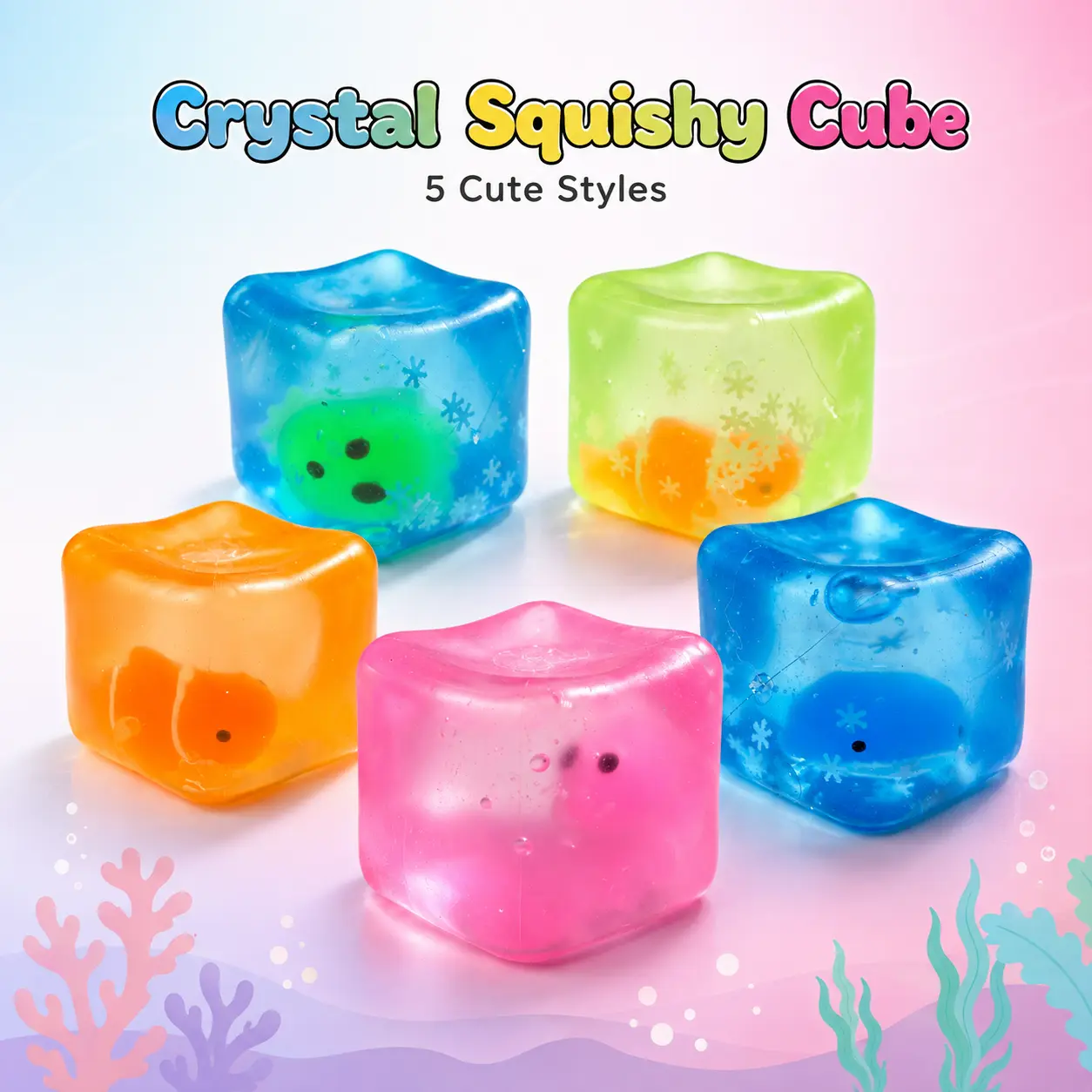Ocean Animal Ice Cube Squishy Toy, 2.17 Inch Clear Maltose Gel Sea Life Squeeze Fidget, Clownfish Whale Octopus Sensory Relief Toy, Slow Rising Ice Cube Fidget Toy，Birthday Party Favor Goodie Bag Stuffers for Kids