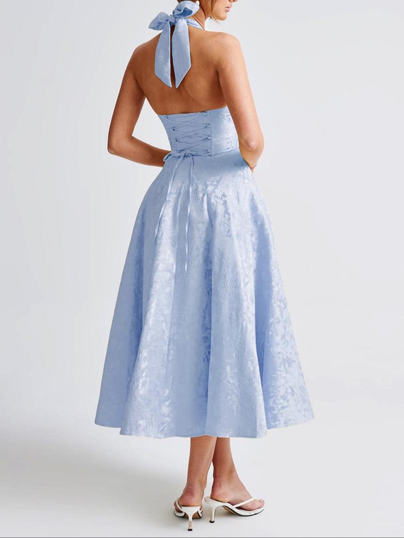 Fashion Elegant Halter Lace-Up Embroidered Waist V-Neck Sleeveless Dress, Long Plain Party Gown, Fitted Style for Women