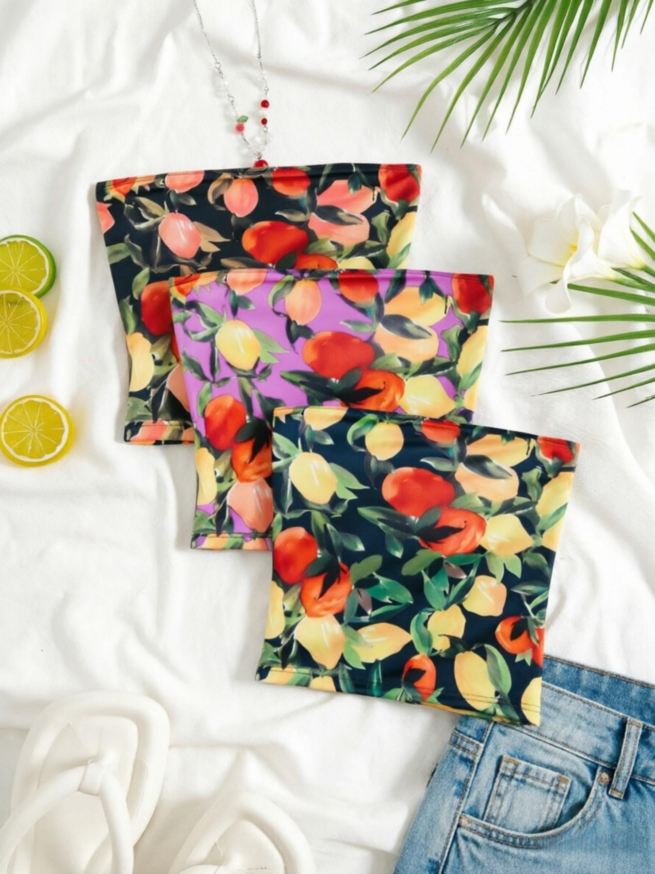Three-Piece Summer Women's Fruit Print Strapless Short Top, Sexy Off-Shoulder Short Top, Vintage Lemon Peach Pattern Slim Fit Tube Top