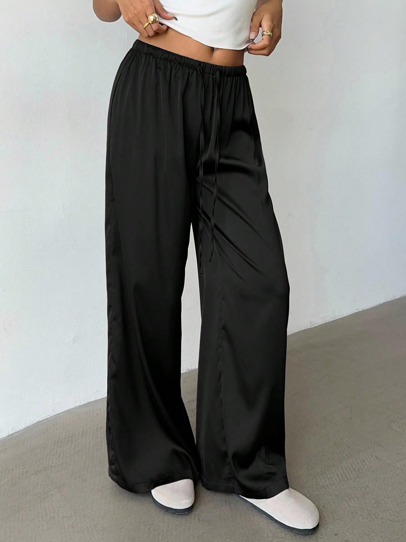 Women's Satin Casual Long Pants, Elastic Waist with Side Pockets, Wide Leg, Fashionable and Versatile, Perfect for Daily Wear, Travel, Vacation