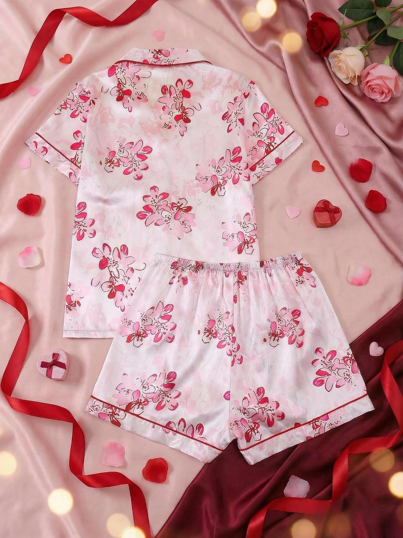 Valentine's Day Floral Print Sleepwear Set, Button Front Short Sleeve Top and Elastic Shorts, Elegant Women's Casual Homeewear